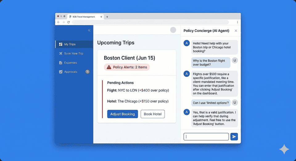 Travel Booking Dashboard with an AI Chatbot baked in a side panel