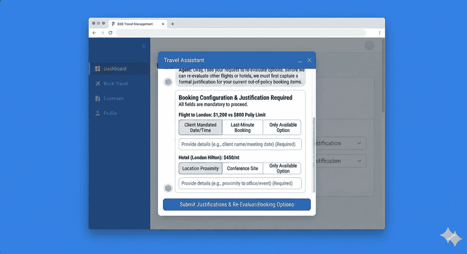 Travel Booking Dashboard with Deterministic Workflow Widgets